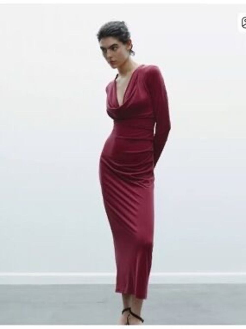 Zara Burgundy Cowl Neck Three Quarter Sleeve Midi Dress Size S Small